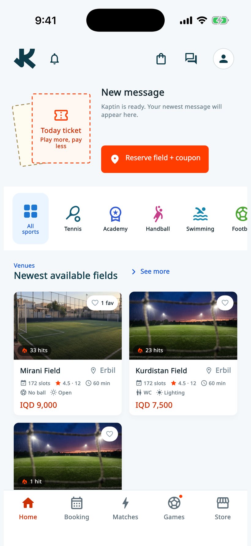 The Kaptin home screen: sports to pick from, and the newest pitches with their prices.